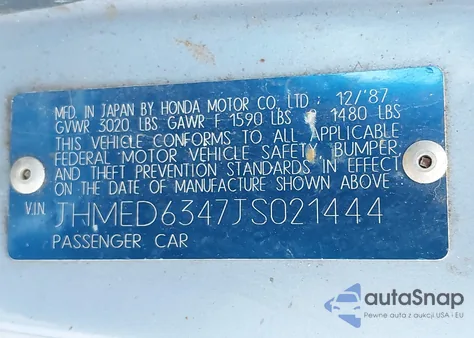 1988 Honda Civic z USA, uszkodzony, nr VIN JHMED6347JS021444